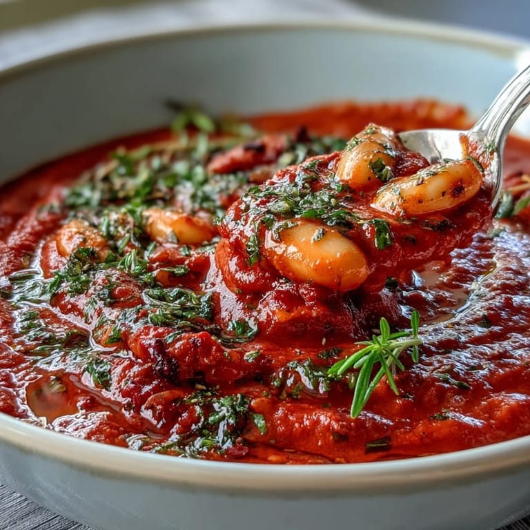 Hearty white bean and roasted red pepper soup with aromatic herbs, served with crusty bread for a satisfying gluten-free meal.