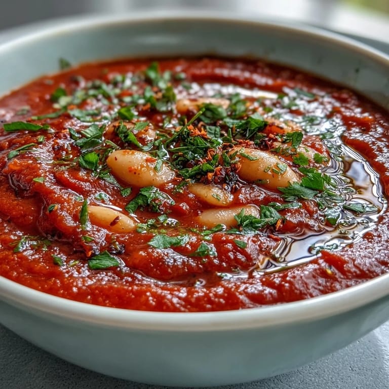 Vibrant Mediterranean-style soup blending sweet roasted red peppers and creamy white beans, topped with fresh parsley and a drizzle of olive oil.