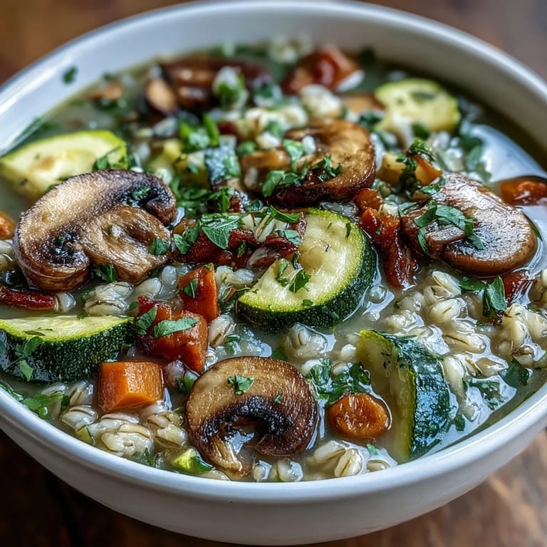Hearty Rustic Vegetable Barley Soup with Mushrooms, packed with tender barley, earthy mushrooms, and vibrant vegetables in a rich broth.  