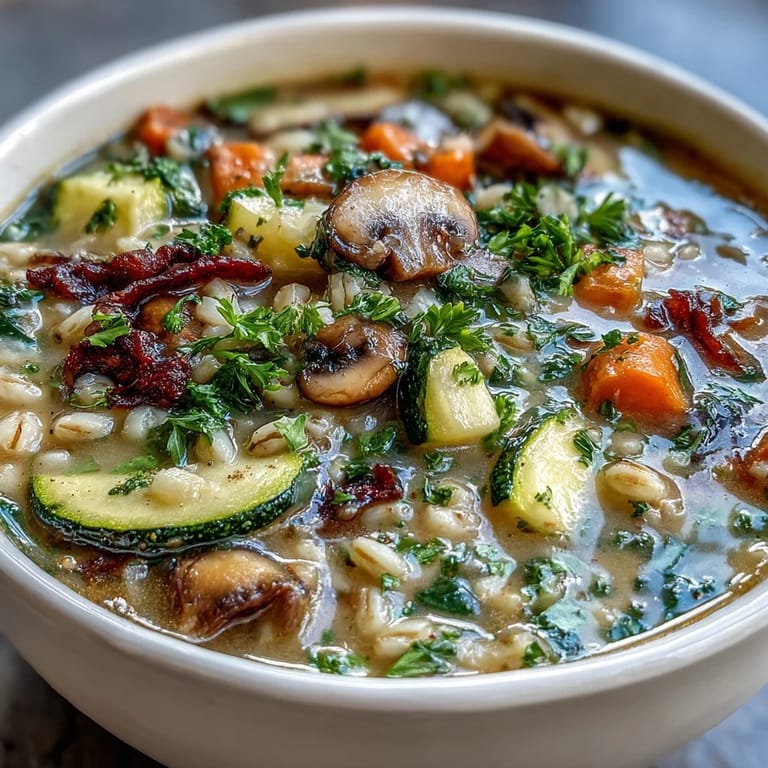 Cozy Rustic Vegetable Barley Soup with Mushrooms, featuring a medley of colorful vegetables, hearty barley, and savory mushrooms in a comforting bowl.