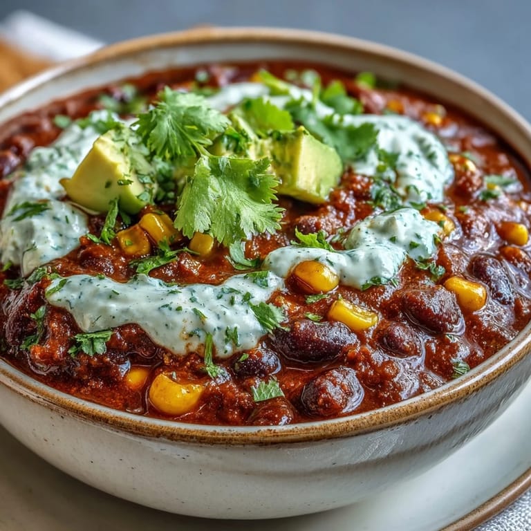 Smoky vegetarian chili packed with black beans, sweet corn, and zesty lime crema, perfect for cozy dinners.