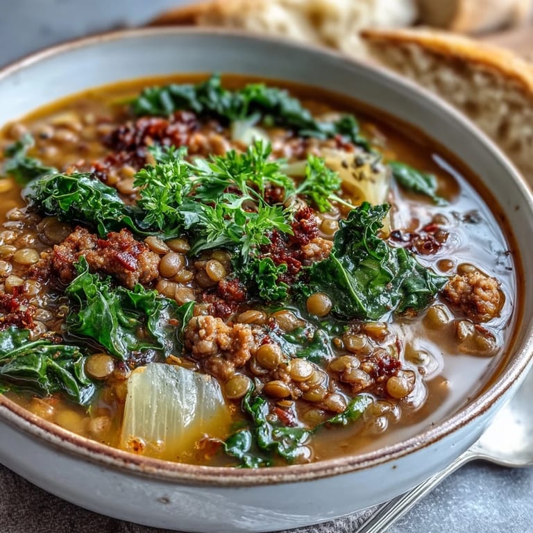 Hearty spicy sausage and lentil soup with vibrant kale, served with a side of crusty bread for dipping into the savory broth.