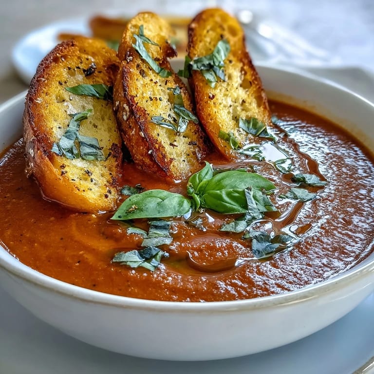 Velvety tomato basil soup with a swirl of cream, paired with golden-brown sourdough bread strips perfect for dipping and savoring.