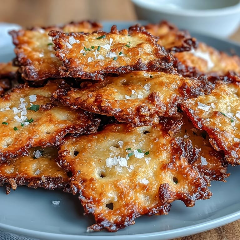 Crispy, cheesy homemade crackers with a rich garlic-Parmesan flavor, perfect for serving on appetizer boards or enjoying as a snack.