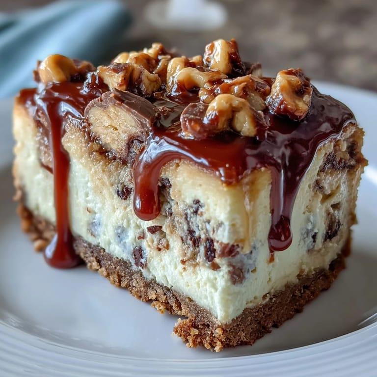 Rich, creamy cheesecake bars filled with peanut butter and studded with mini peanut butter cups, perfect for dessert lovers.  