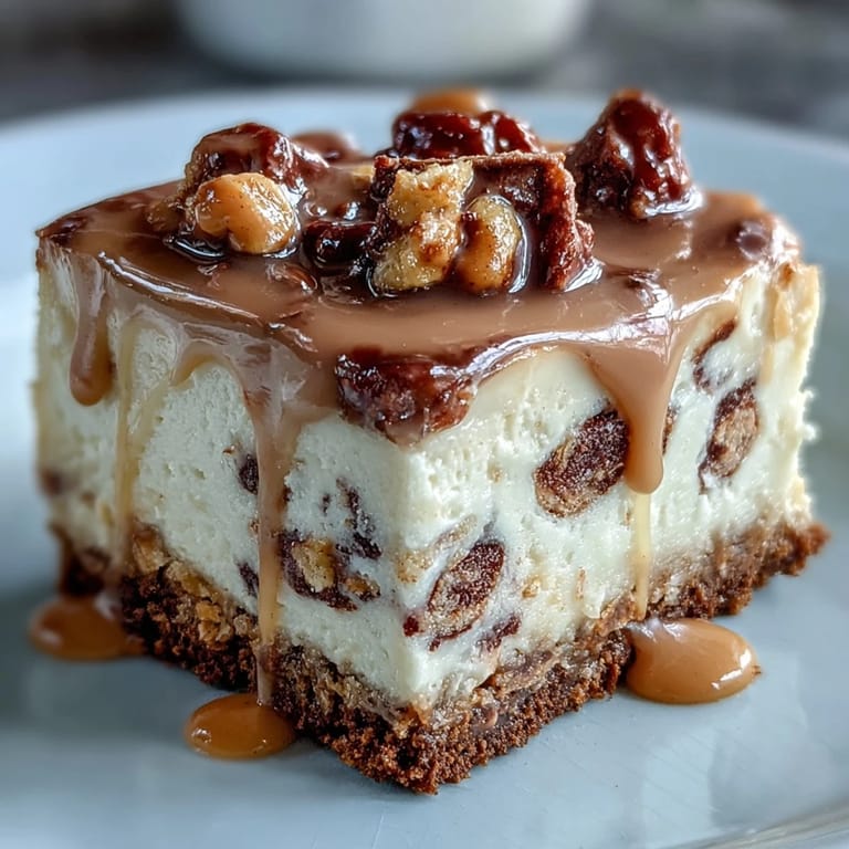 Decadent Peanut Butter Cup Cheesecake Bars topped with melted peanut butter drizzle and extra chocolate chips for irresistible flavor.