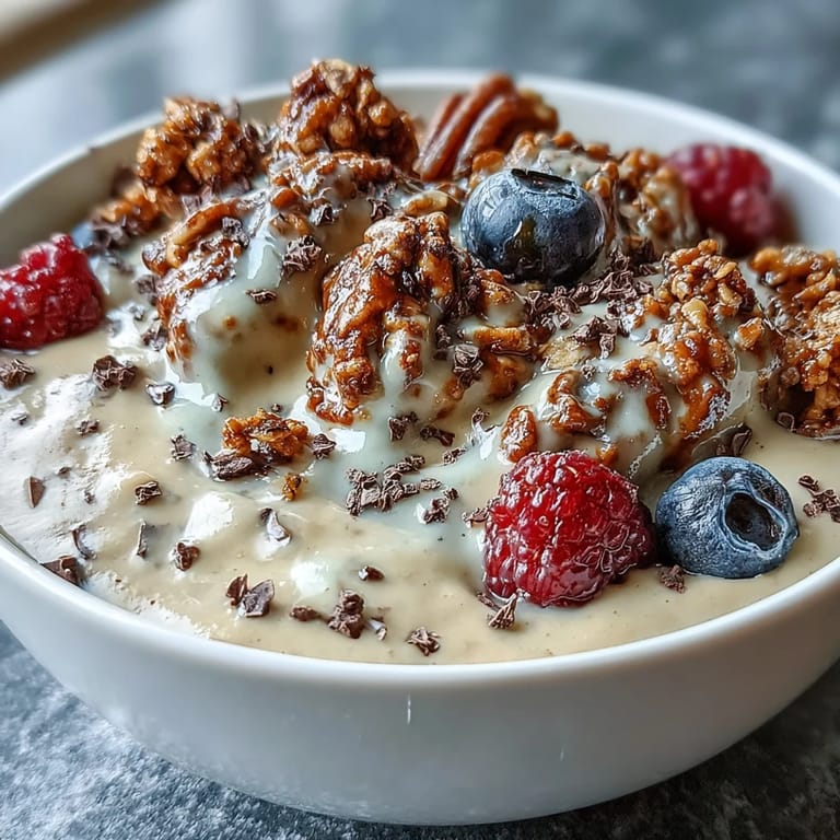 Smooth and frosty Vanilla Bean Frappuccino Smoothie Bowl with granola, strawberries, blueberries, and coconut flakes—perfect for a refreshing morning boost.