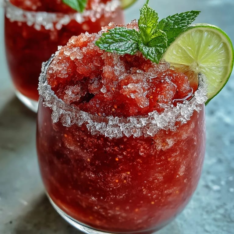 Non-alcoholic frozen strawberry daiquiri mocktail garnished with lime wheels and mint for a festive presentation.
