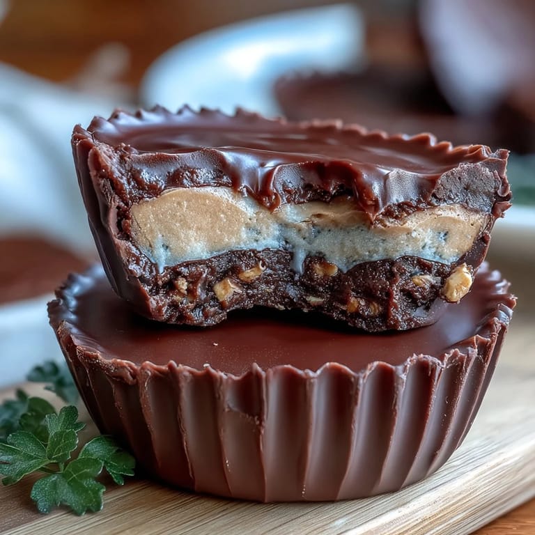 Decadent homemade peanut butter cups filled with tangy Greek yogurt, topped with smooth dark chocolate for a guilt-free dessert.  