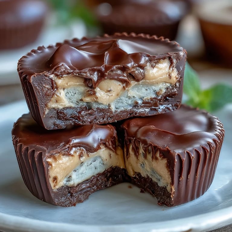 High-protein peanut butter cups with a creamy Greek yogurt center, enrobed in luscious dark chocolate for a nutritious snack.
