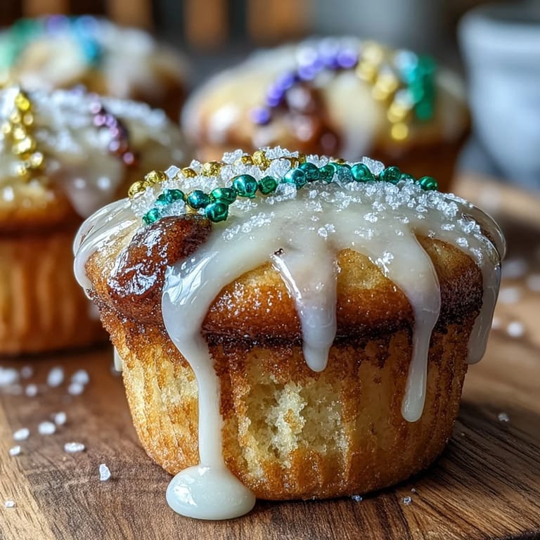 Bite-sized Mini King Cake Cupcakes with Colored Sugar, featuring tender vanilla cake, cinnamon filling, and a colorful sugar topping for a sweet party treat.