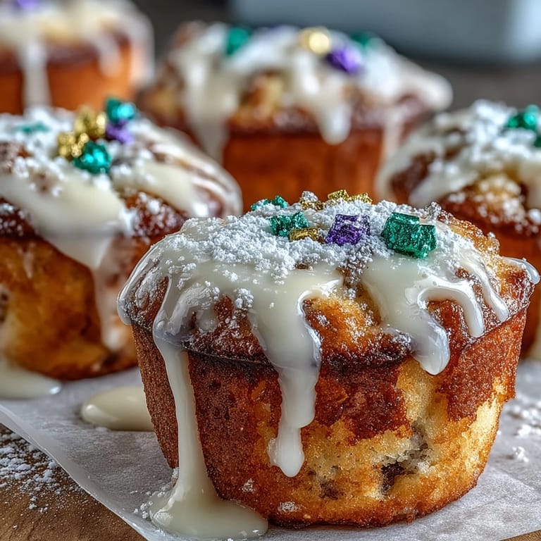 Cinnamon swirl Mini King Cake Cupcakes with Colored Sugar, drizzled with sweet glaze and decorated in traditional New Orleans carnival colors.