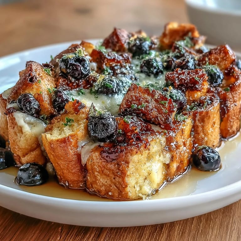 This Lemon Blueberry Sourdough French Toast Bake features tangy lemon custard soaking into crusty bread, topped with cinnamon sugar and fresh blueberries.