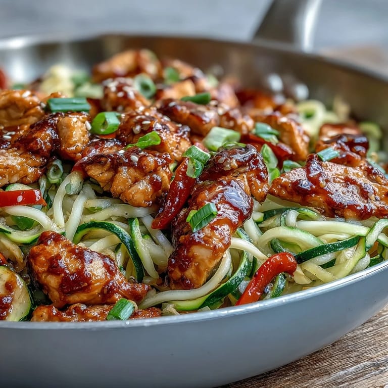 Vibrant Asian-inspired Healthy Easy Zucchini Noodle Stir Fry with Chicken, featuring spiralized zucchini, carrots, and bell peppers, tossed in a flavorful sesame-ginger sauce.