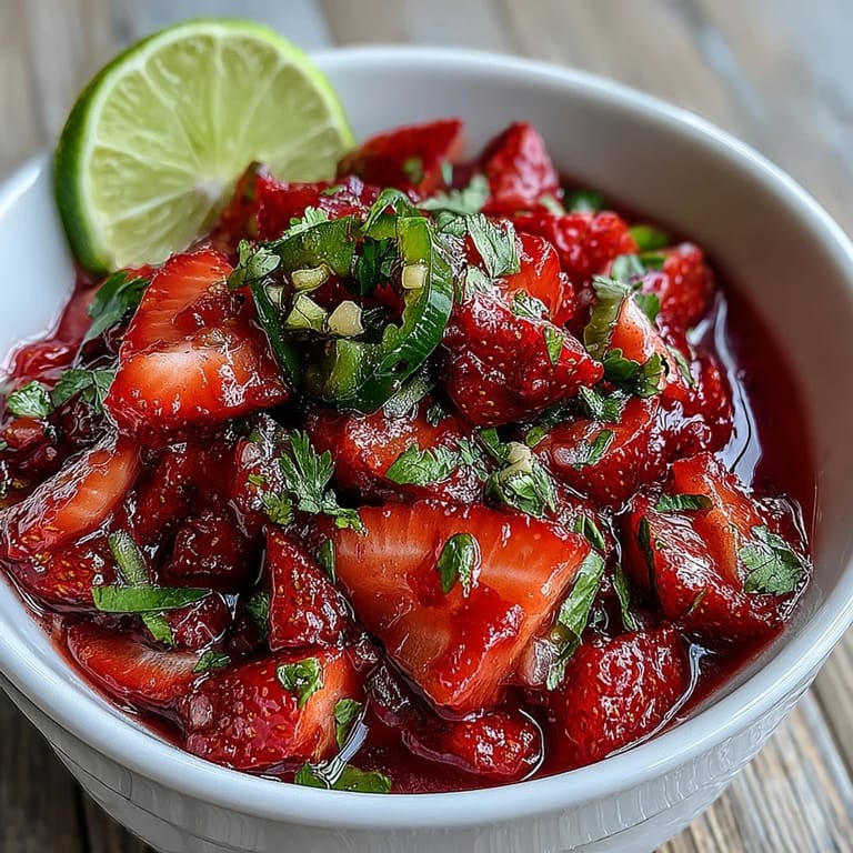 Vibrant strawberry salsa with zesty lime and spicy jalapeño, ideal for summer parties or taco night.