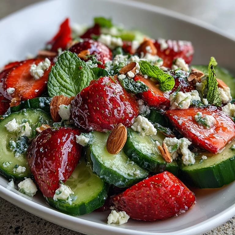 Bright and refreshing cucumber strawberry salad with mint, perfect for light lunches or colorful side dishes at spring gatherings.  