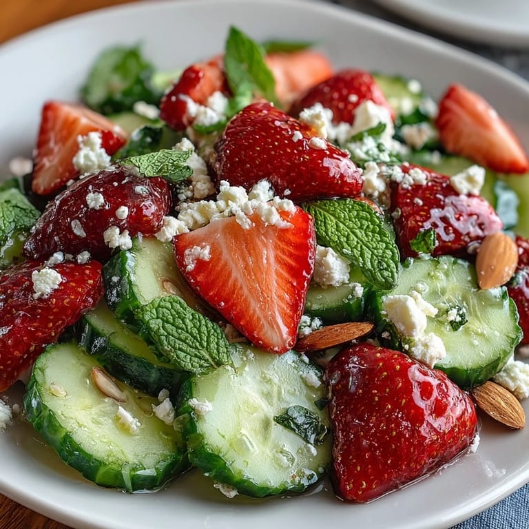 Crisp cucumber and strawberry salad with fresh mint leaves, drizzled with lemon dressing for a sweet-tart springtime favorite.