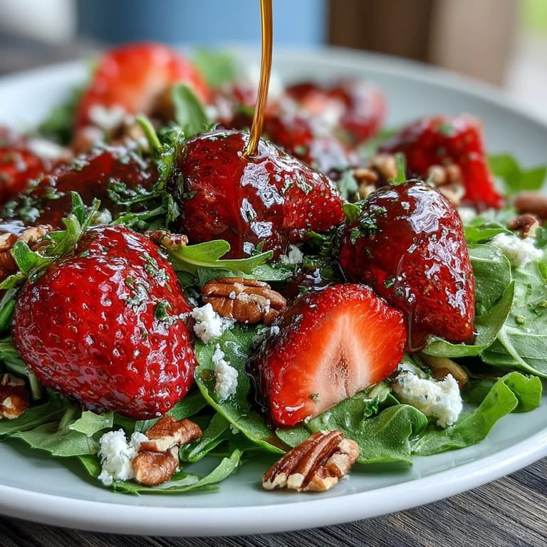 Fresh strawberries, peppery arugula, and crumbled goat cheese drizzled with balsamic glaze create a colorful spring salad.