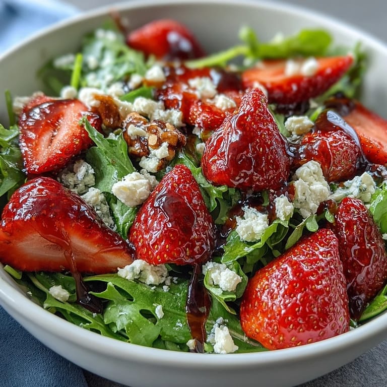 Sweet strawberries and arugula topped with goat cheese, nuts, and balsamic glaze make an elegant spring dinner party salad.