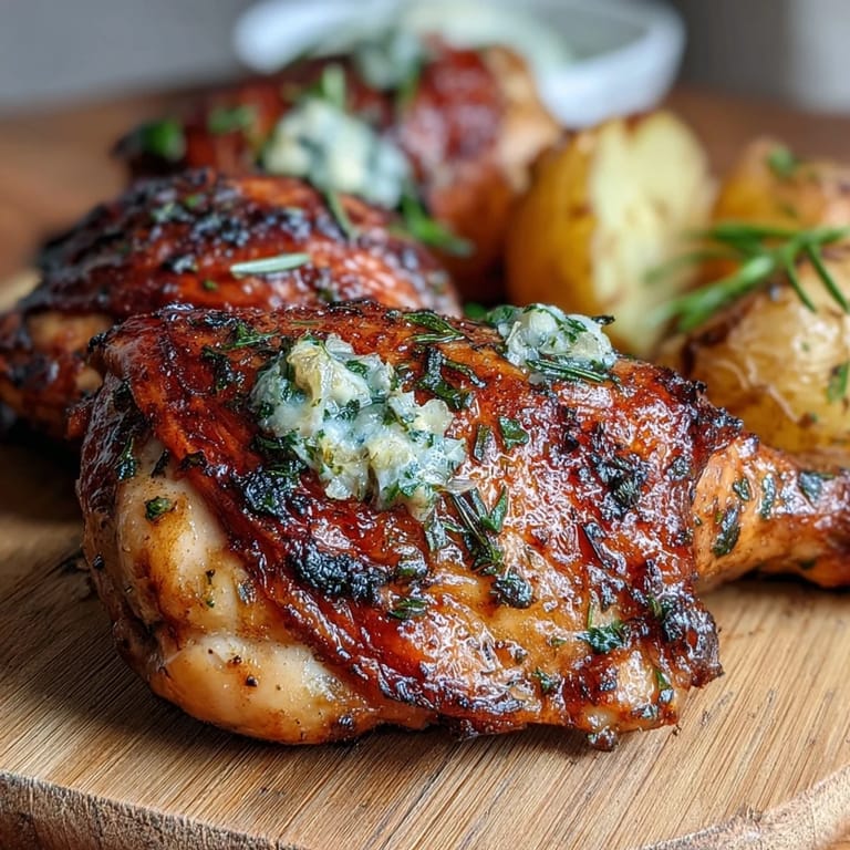 Aromatic lemon-herb roasted chicken with golden baby potatoes, served on a rustic wooden board for an inviting spring dinner.