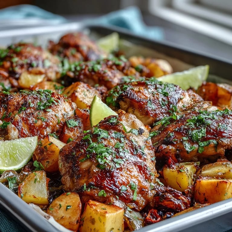 Herb-marinated chicken thighs roast alongside carrots, parsnips, and sweet potato for a vibrant, nutrient-packed sheet pan meal.