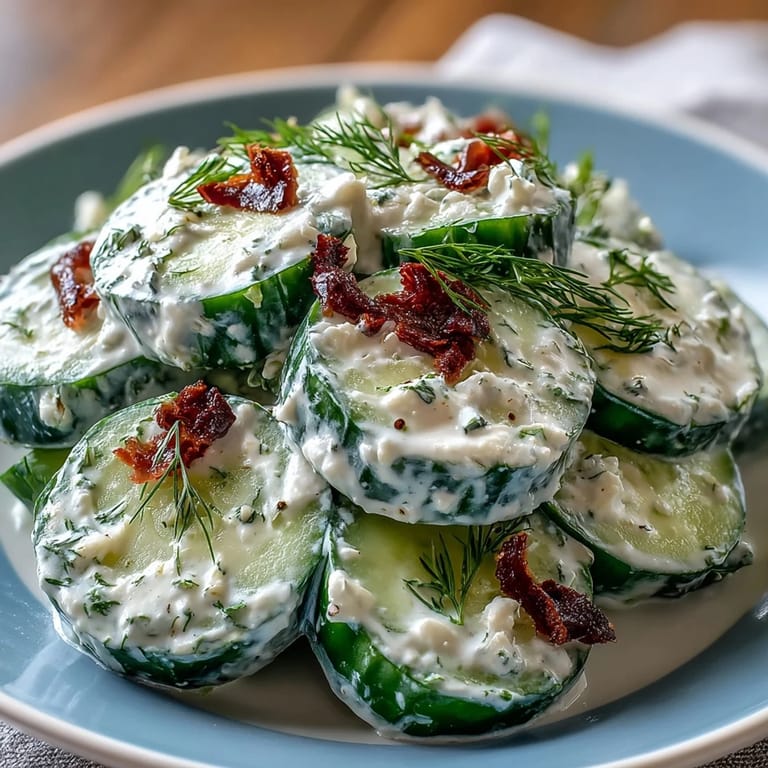 Refreshing summer salad featuring crisp cucumber slices in a creamy Greek yogurt and dill dressing, served as a light side dish.