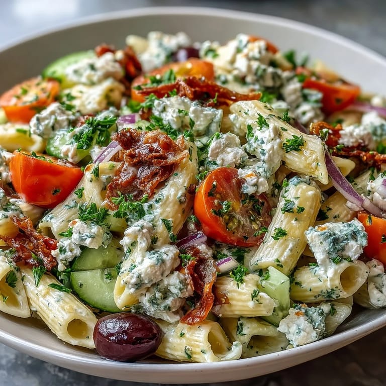 Greek Pasta Salad with Olives and Feta: chilled pasta salad with bold Mediterranean flavors, perfect for summer gatherings and outdoor dining.