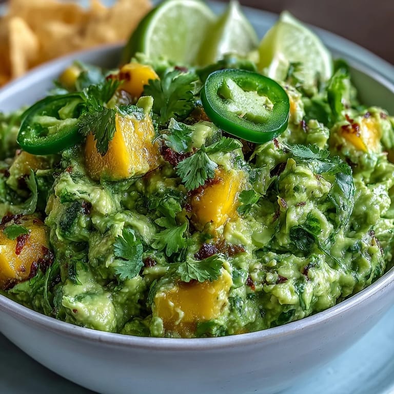 Creamy avocado guacamole mixed with sweet mango, spicy jalapeño, and fresh cilantro for a bold, flavorful appetizer.