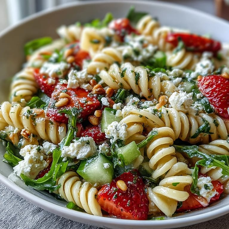 Bright and refreshing spring pasta salad with strawberries, feta, and arugula, ideal for warm-weather gatherings and vegetarian meals.