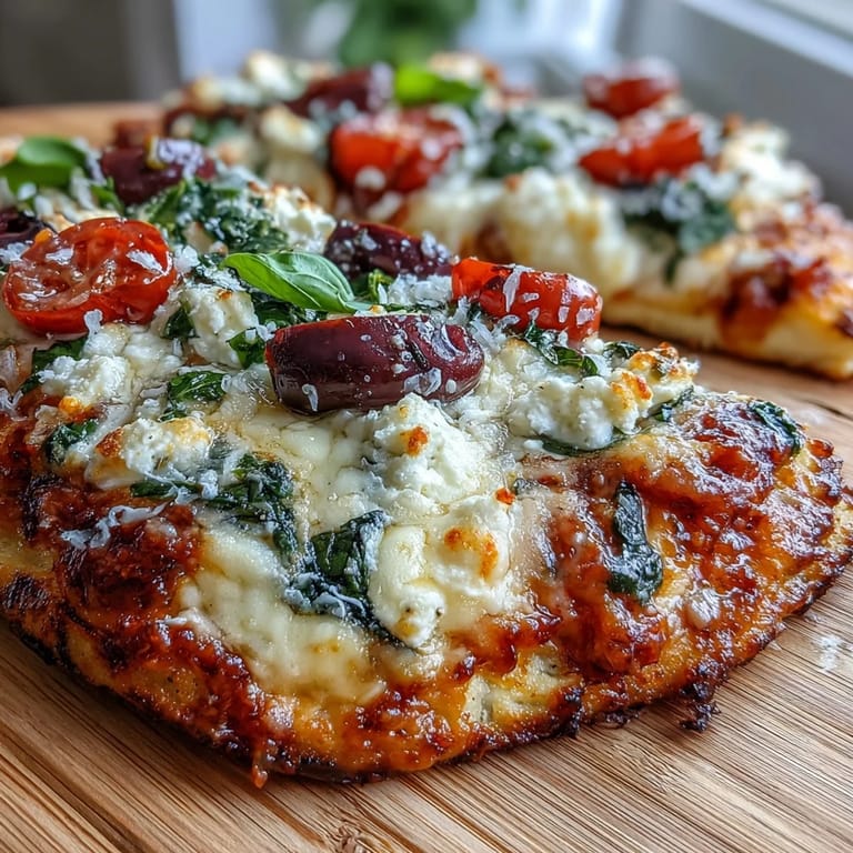 Wholesome cottage cheese flatbread pizza topped with savory sauce, veggies, and bubbling cheese for a healthy, satisfying meal.