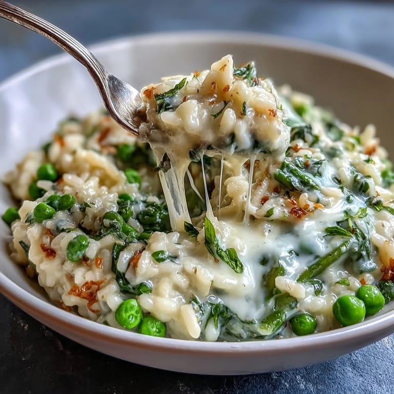 Vibrant vegetarian risotto featuring tender peas, aromatic herbs, and aged Parmesan cheese.  