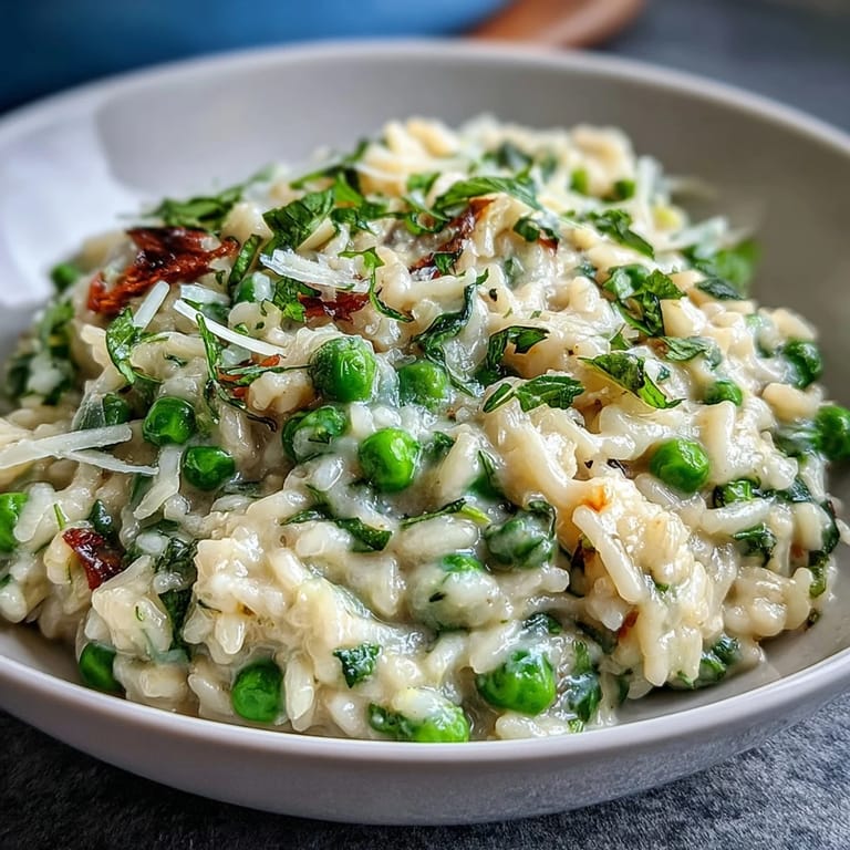 Spring-inspired risotto with fresh peas, mint, and Parmesan—a celebration of seasonal flavors.