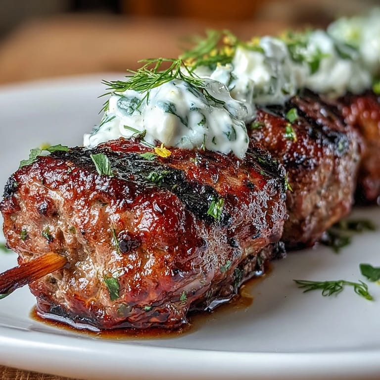 Savory lamb kofta grilled to perfection and drizzled with homemade tzatziki, garnished with lemon wedges and fresh mint.