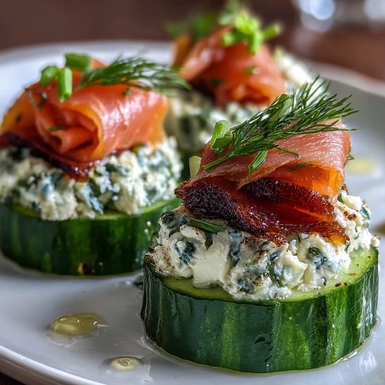 Refreshing cucumber slices topped with herbed cream cheese and savory smoked salmon, perfect for brunch or parties.  