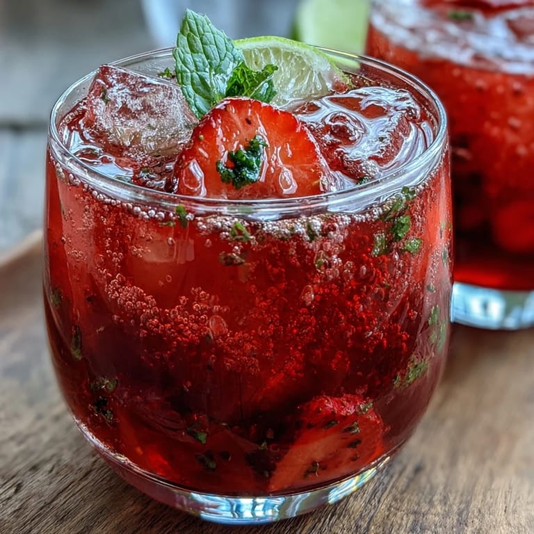 Vibrant strawberry agua fresca served over ice with fresh fruit slices, capturing the essence of a Mexican-inspired beverage.