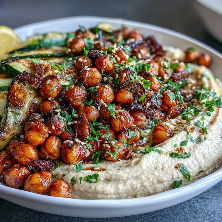 Vibrant Crispy Chickpea Bowls Topped with Hummus, Grilled Peppers, and Fresh Parsley Garnishes