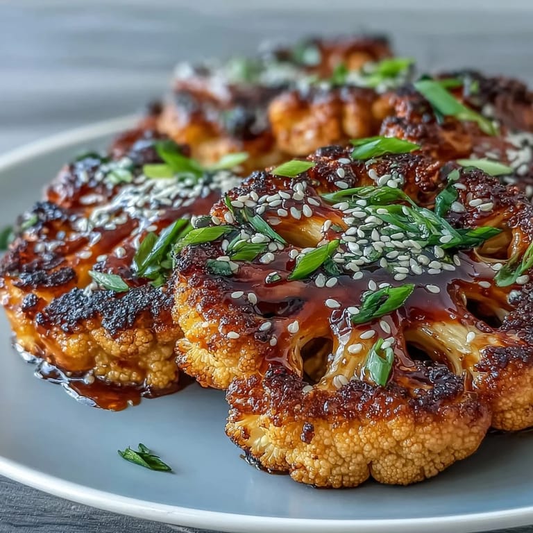 Thick cauliflower steaks roasted until tender and caramelized, generously brushed with homemade teriyaki sauce and garnished with sesame and green onion.
