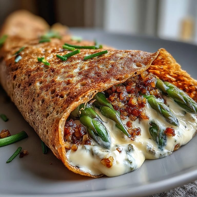Elegant buckwheat crepes rolled with spring vegetables and lemon-herb cheese, served warm and inviting.