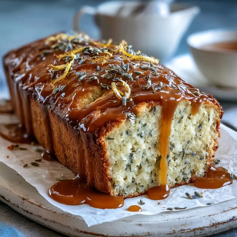 Slice of fragrant lemon lavender cake with honey drizzle, showcasing vibrant citrus zest and delicate lavender buds.  