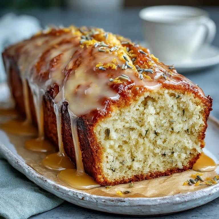 Homemade lemon lavender loaf cake with glossy honey glaze, served on a rustic wooden board for an elegant dessert.