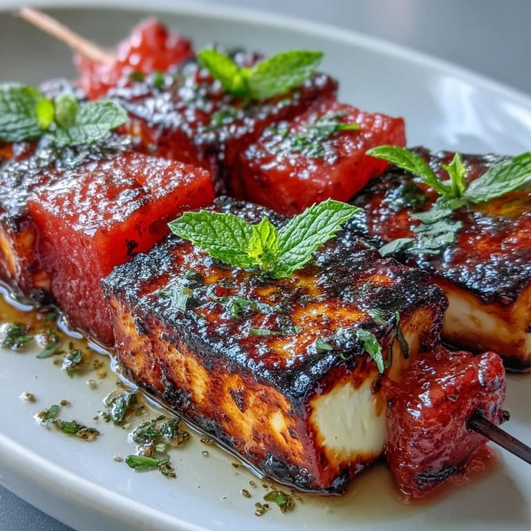 Vibrant skewers of grilled halloumi, caramelized watermelon, and fresh mint, drizzled with lemon olive oil for a refreshing vegetarian dish.