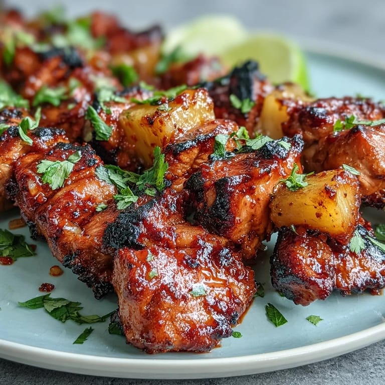 Tender grilled chicken al pastor with caramelized pineapple served with fresh cilantro and lime.