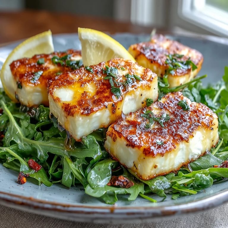 Pan-seared halloumi slices served on a bed of arugula, topped with fragrant hot honey and a crack of black pepper.  