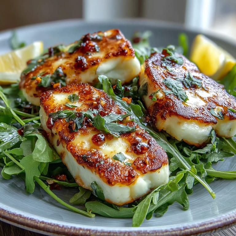 Warm halloumi cheese with chili honey glaze, paired with peppery arugula for a vibrant Mediterranean appetizer or light lunch.