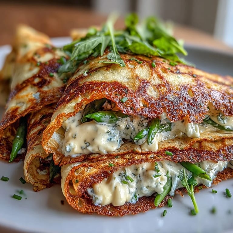 Savory buckwheat crepes stuffed with asparagus, sugar snap peas, and ricotta goat cheese, ideal for lunch.  