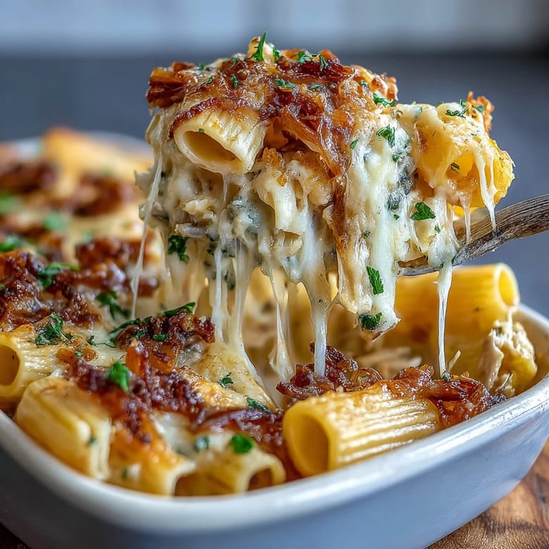 A comforting French Onion Pasta Bake with tender pasta, rich onion gravy, and bubbling melted cheese topping.  