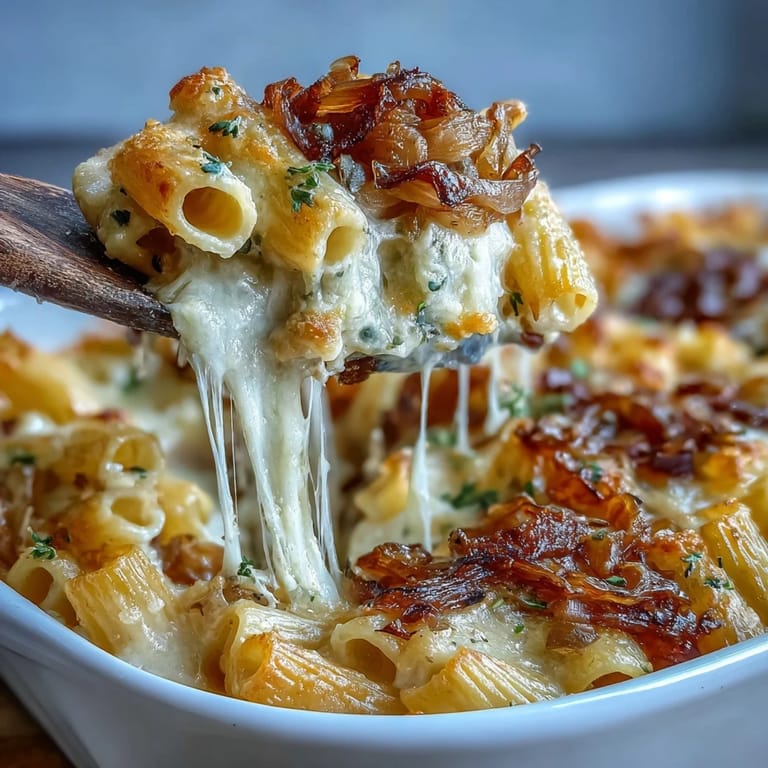 Baked French Onion Pasta with sweet caramelized onions, creamy sauce, and a crispy golden Gruyère crust.