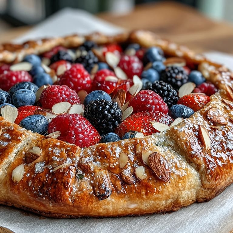 Rustic galette showcasing fresh summer berries on a crisp, buttery almond crust.