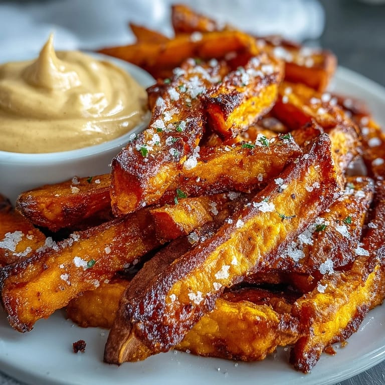 Delicious air fryer sweet potato fries ready for dipping in smoky chipotle aioli.