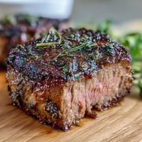 A vibrant bowl of savory butternut squash and garlic herb steak with quinoa and creamy herb sauce, perfect for hearty dinners.